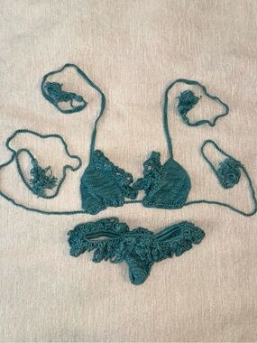 New Andi Bagus Bikini Set Knit Crochet Dreamland Ruffle Teal Blue Thong Skimpy